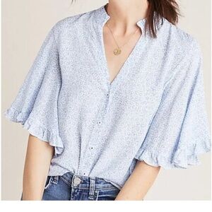 Anthropologie Sky Blue Patterned Blouse with Ruffle Sleeves